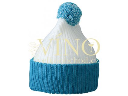 Knitted cap with pompon MB7540 zimní čepice s kulichem, bílá/aqua modrá