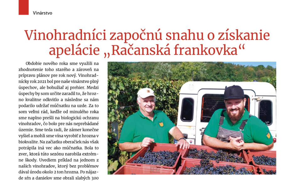 VINOHRADNÍCI ZAPOČNÚ SNAHU O ZÍSKANIE APELÁCIE „RAČANSKÁ FRANKOVKA“