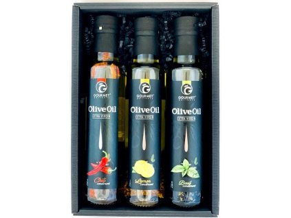 8594174931373Gourmet partners Triáda olivových olejů s příchutí: bazalka, citron, chilli 3x250ml