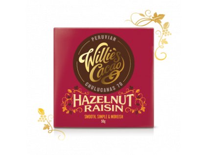 Willie’s cacao Peruvian hořká čokoláda s lískovými oříšky a rozinkami 70%, 50g