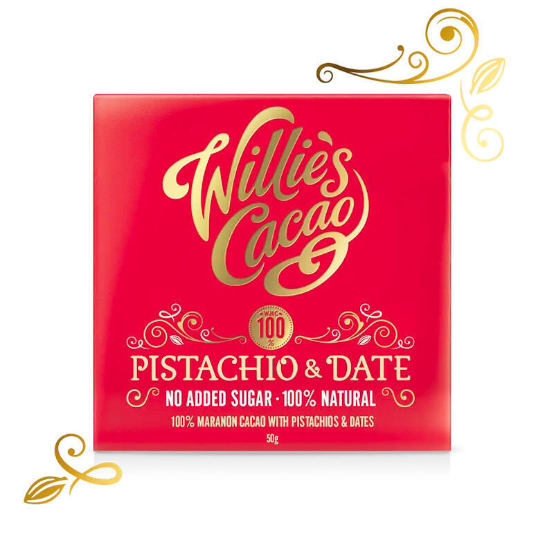 Willies Cacao Willie’s cacao hořká čokoláda s pistáciemi a datlemi 100%, 50g