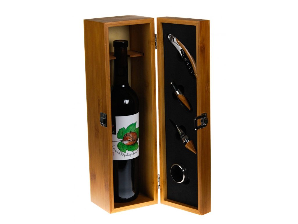 Fotografie produktu Kazeta na jednu láhev z bambusového dřeva s doplňky