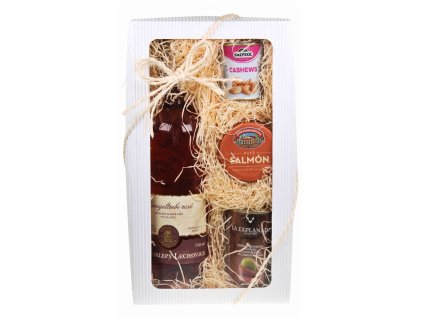 Růžový dárkový balíček - polosladké víno s paštikou z lososa, olivami s ančovičkou a kešu oříšky