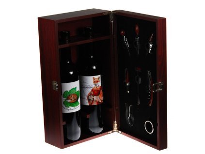 Kazeta pro dvě láhve vína s osmi sommelierskými doplňky