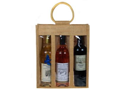 Jutová taška s okénkem a dřevěnými uchy na 3 láhve