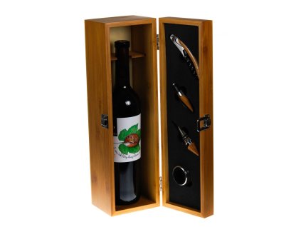 Kazeta na jednu láhev z bambusového dřeva s doplňky