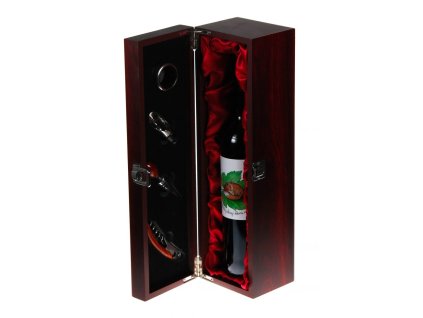 Kazeta s červeným saténem pro  jednu láhev vína + doplňky