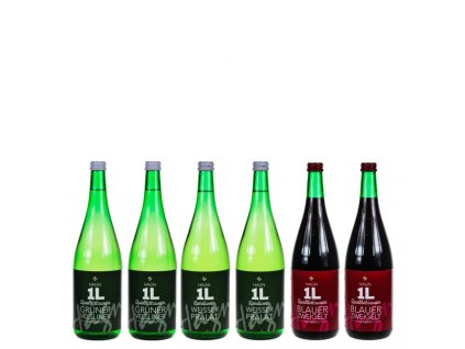 Pohled přední na láhev Šest litrovek z vinařství HAGN. 2 x Veltlín, 2 x polosuché cuvée a 2 x červené