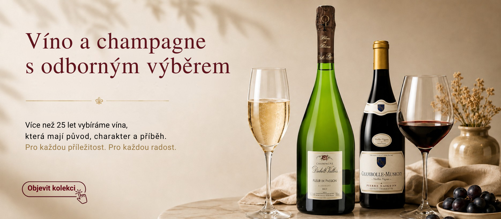 Víno a champagne ve sklenicích