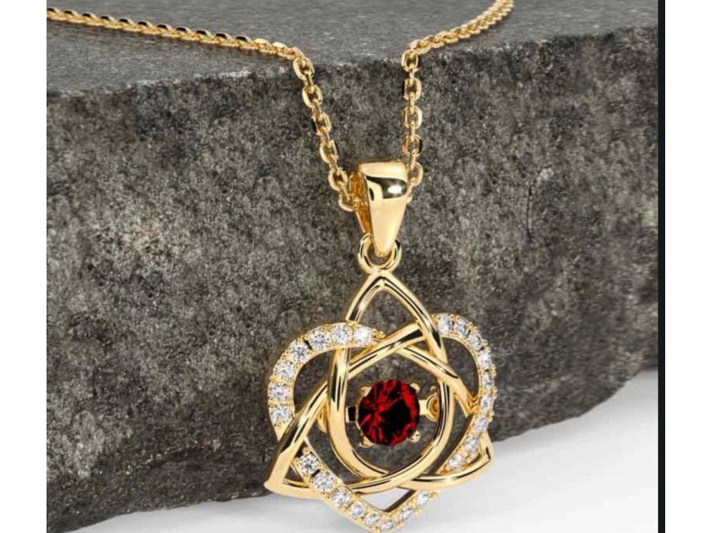 zlaty diamantovy granatovy nahrdelnik s keltskym uzlem a srdcem 235535825