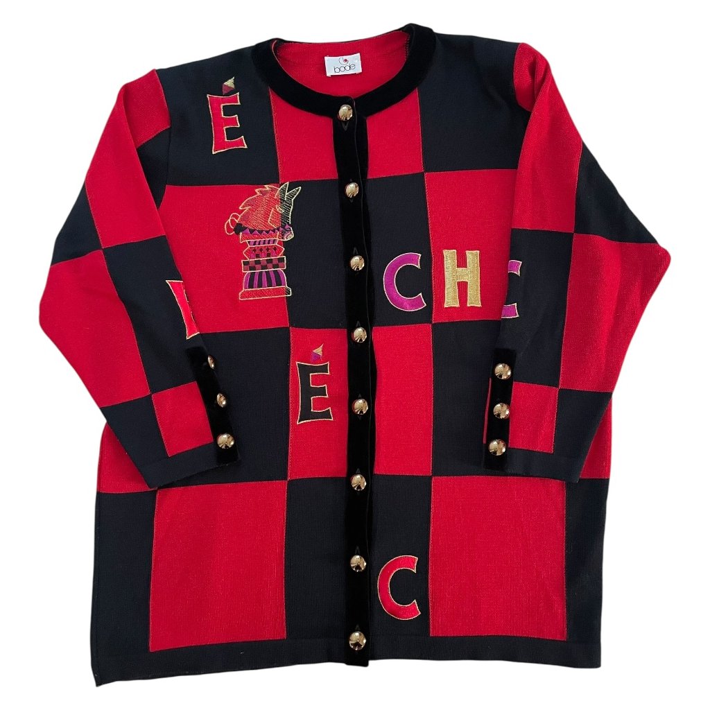 bode vintage wool sweater cardigan west germany chess pattern checkerboard 1