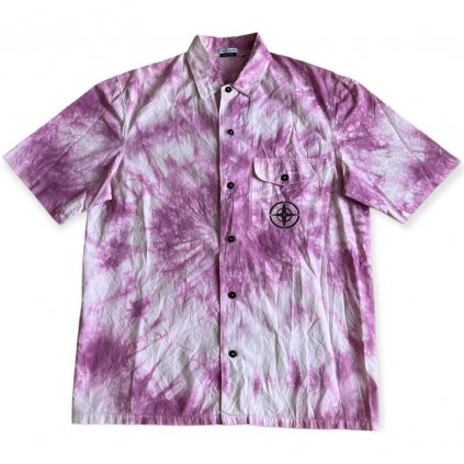 stone island vintage košile s krátkým rukávem batikovaná růžovo bílá na knoflíky
