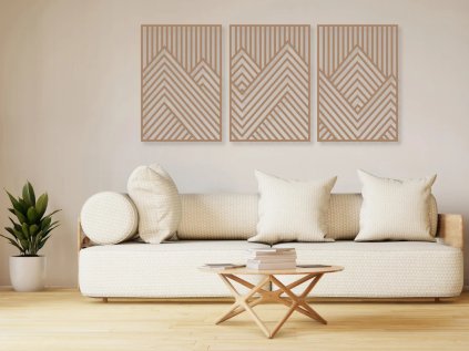Drevený geometrický obraz na stenu - Hory (Velkost 120x58, 150x72, 180x87, 75x36, 90x43, Dekor ANTRACIT 0164, BIELA 0101, ČIERNA 0190, DUB Bronze tmavý 090, DUB Sonoma 3025, DUB Zlatý 003, ORECH 0729, SIVÁ 0112)