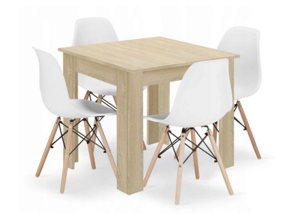 LAURES VINTINO Jedálenská zostava stôl Dub sonoma 80 X 80 cm hnedé nohy + 4 stoličky OSAKA biele 1