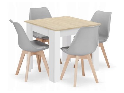 LAURES VINTINO Jedálenská zostava stôl Dub sonoma 80 X 80 cm biele nohy + 4 stoličky MARK sivé 1