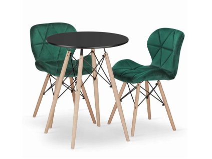 LAURES VINTINO Jedálenská zostava TODI 60cm okrúhly stolový set čierny + 2 stoličky LAGO zelené 1
