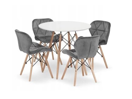 LAURES VINTINO Jedálenská zostava TODI 80cm okrúhly stolový set biely + 4 stoličky LAGO sivé 1
