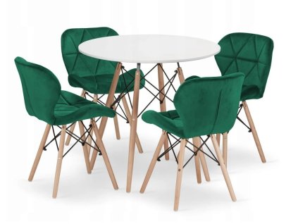 LAURES VINTINO Jedálenská zostava TODI 80cm okrúhly stolový set biely + 4 stoličky LAGO zelené 1
