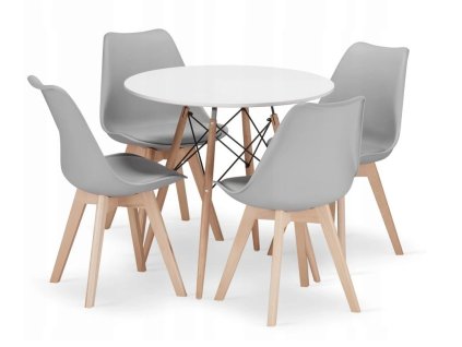 LAURES VINTINO Jedálenská zostava TODI 80cm okrúhly stolový set biely+ 4 stoličky MARK sivé 1