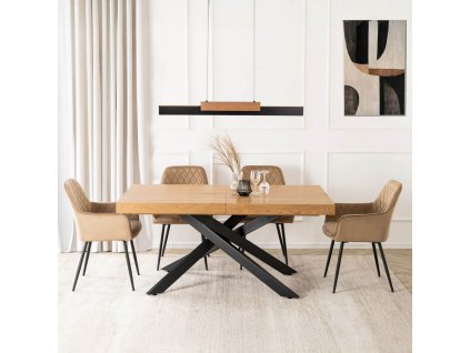 LAURES VINTINO Zostava Stôl Obdĺžnikový Rozkladací HAMPTON 160-240 cm Dub/Čierny a 4 Čalúnené Stoličky BRESSO Bežové Velvet. 2