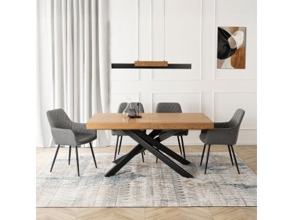 LAURES VINTINO Zostava Stôl Obdĺžnikový Rozkladací HAMPTON 160-240 cm Dub/Čierny a 4 Čalúnené Stoličky BRESSO Sivé Velvet.