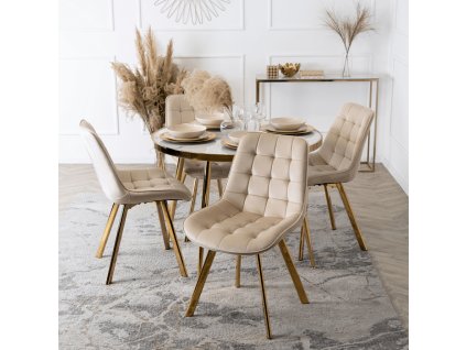 LAURES VINTINO Zostava Okrúhly Stôl TINGA 100 cm Biely Mramor/Zlatý a 4 Čalúnené Stoličky DORIS Krémové Glamour 1