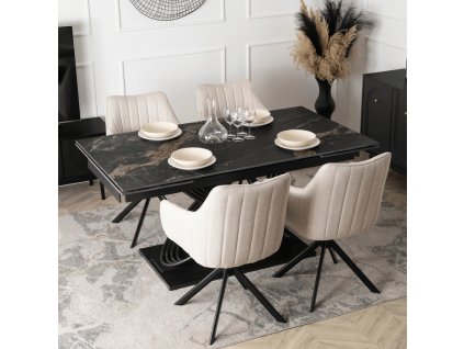 LAURES VINTINO Súprava Rozkladací stôl IBIZA 160–240 cm čierny mramor a 4 čalúnené stoličky MUMBAI krémové moderné 4