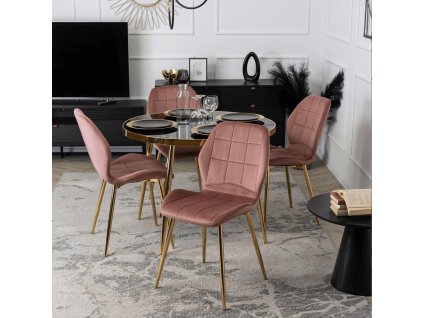 LAURES VINTINO Jedálenská zostava stôl AMADORA 100 cm a 4 čalúnené stoličky IBIS ružový glamour