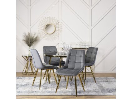 LAURES VINTINO Jedálenská zostava stôl AMADORA 100 cm a 4 čalúnené stoličky MYA sivý glamour