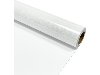 Třpytivá bílá nažehlovací fólie na textil – role s pohledem na strukturu a povrch.