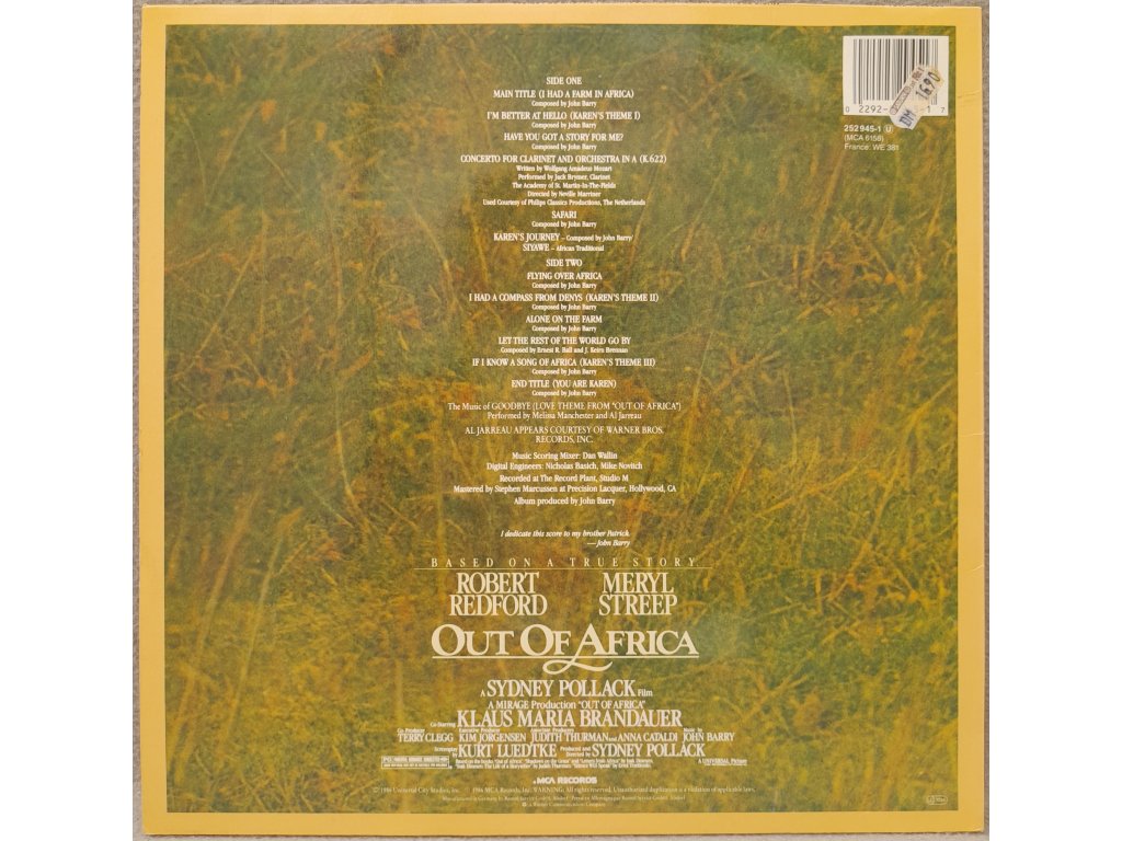 LP John Barry Out Of Africa (Music From The Motion Picture Soundtrack) Vinyl Forever