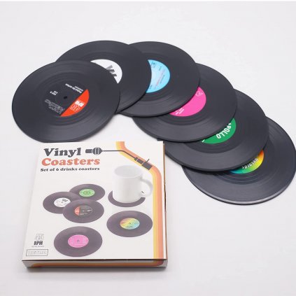 Unikátne podšálky / podložky pod poháre v tvare vinylových platní (Sada 6 ks)