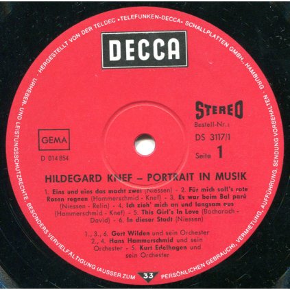 VINYLO.SK | Hildegard Knef ♫ Portrait In Musik (stav: VG/BEZ OBALU) [LP] =Vinylo bazár=  B0003804 =Vinylo bazár=