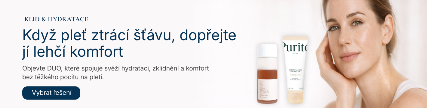 Banner VIONE: žena s hydratovaně působící pletí vedle dua Dr. Ceuracle Kombucha Tea Essence a PURITO Oat In Calming Gel Cream, text „Klid & hydratace – Když pleť ztrácí šťávu, dopřejte jí lehčí komfort“.