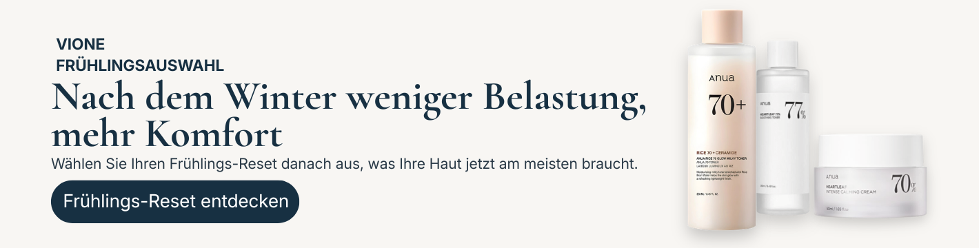 VIONE Frühlingsbanner mit ANUA Produkten und dem Text Nach dem Winter weniger Belastung, mehr Komfort.