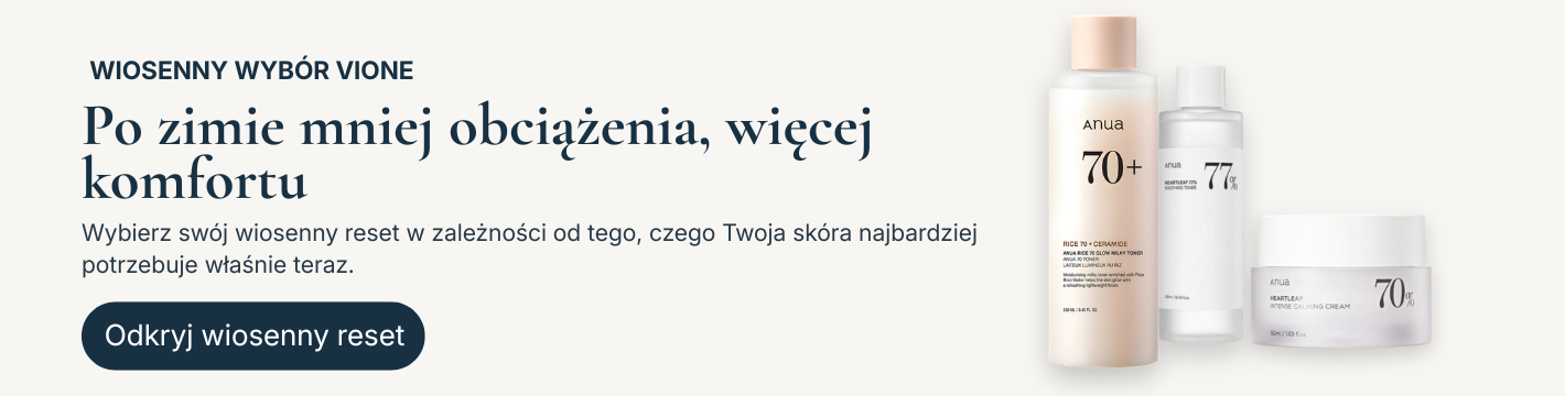 Wiosenny banner VIONE z produktami ANUA i tekstem Po zimie mniej obciążenia, więcej komfortu.