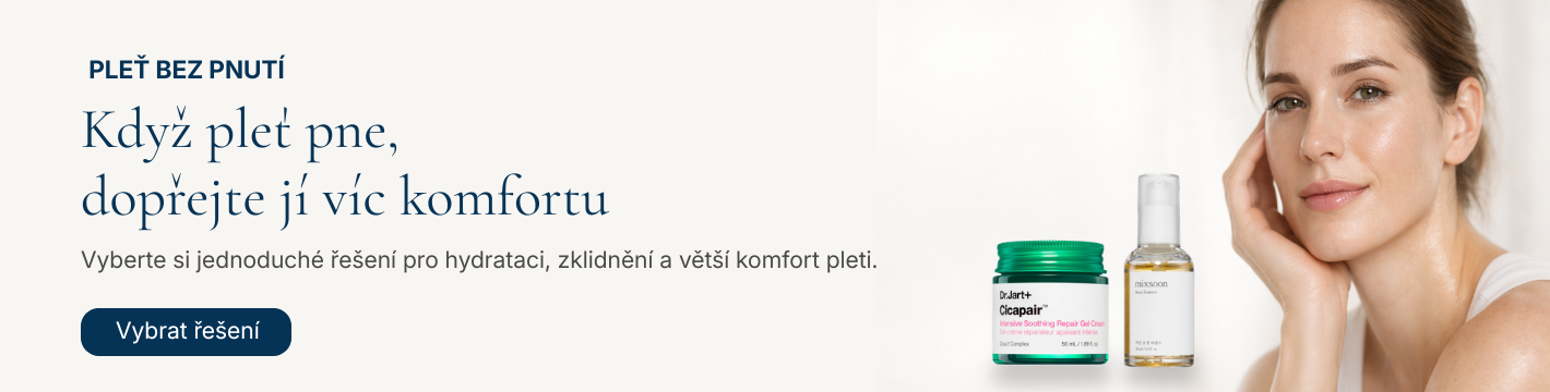 Banner VIONE: žena s jemně rozjasněnou pletí vedle dua mixsoon Bean Essence a Dr.Jart+ Cicapair Gel Cream, text „Pleť bez pnutí – Když pleť pne, dopřejte jí víc komfortu“