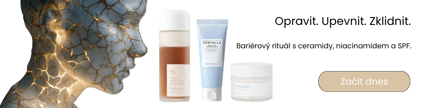 Bílý banner s kintsugi linií – metafora spravené kožní bariéry, produkty péče