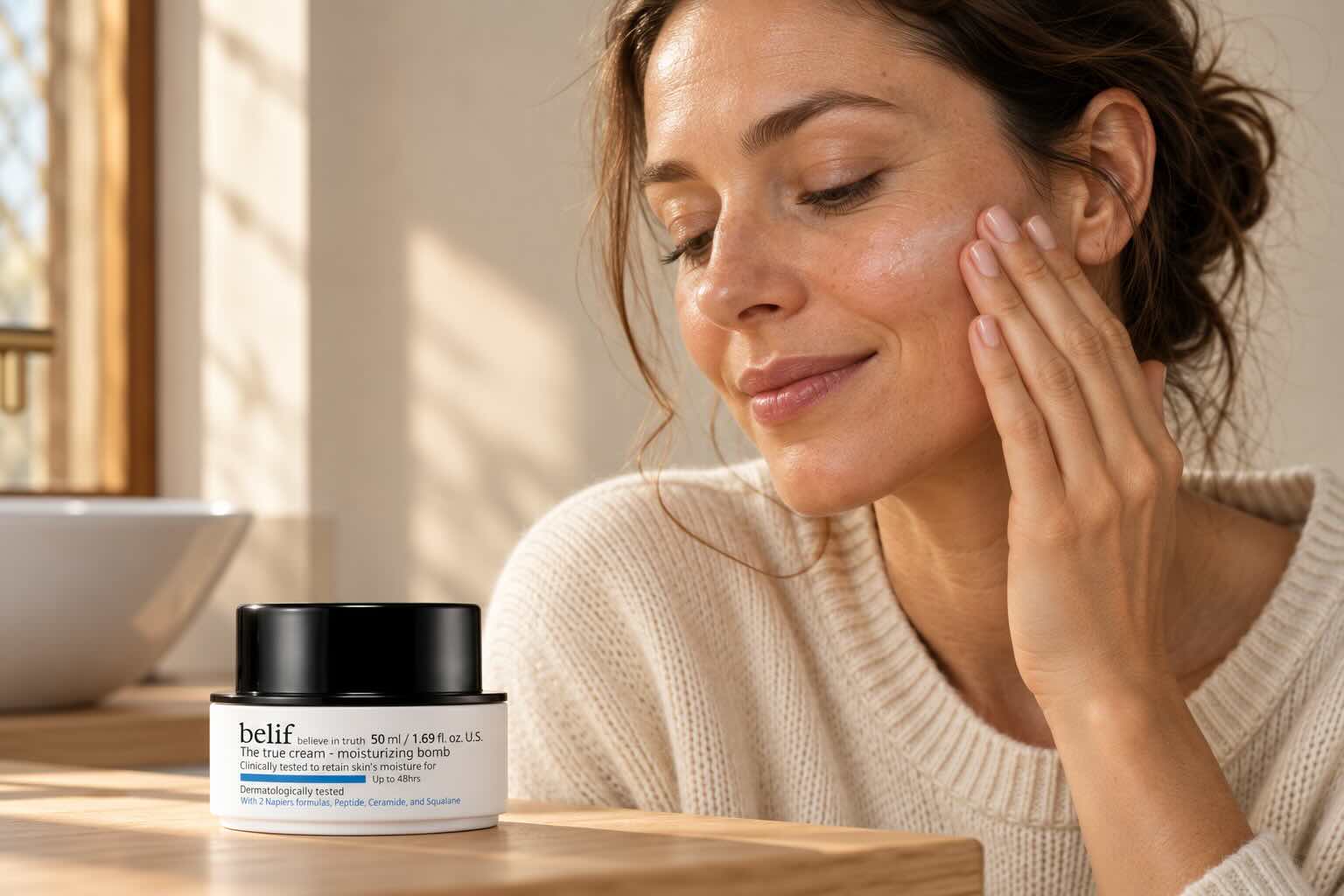 Woman in autumn light applying Belif The True Cream to her face