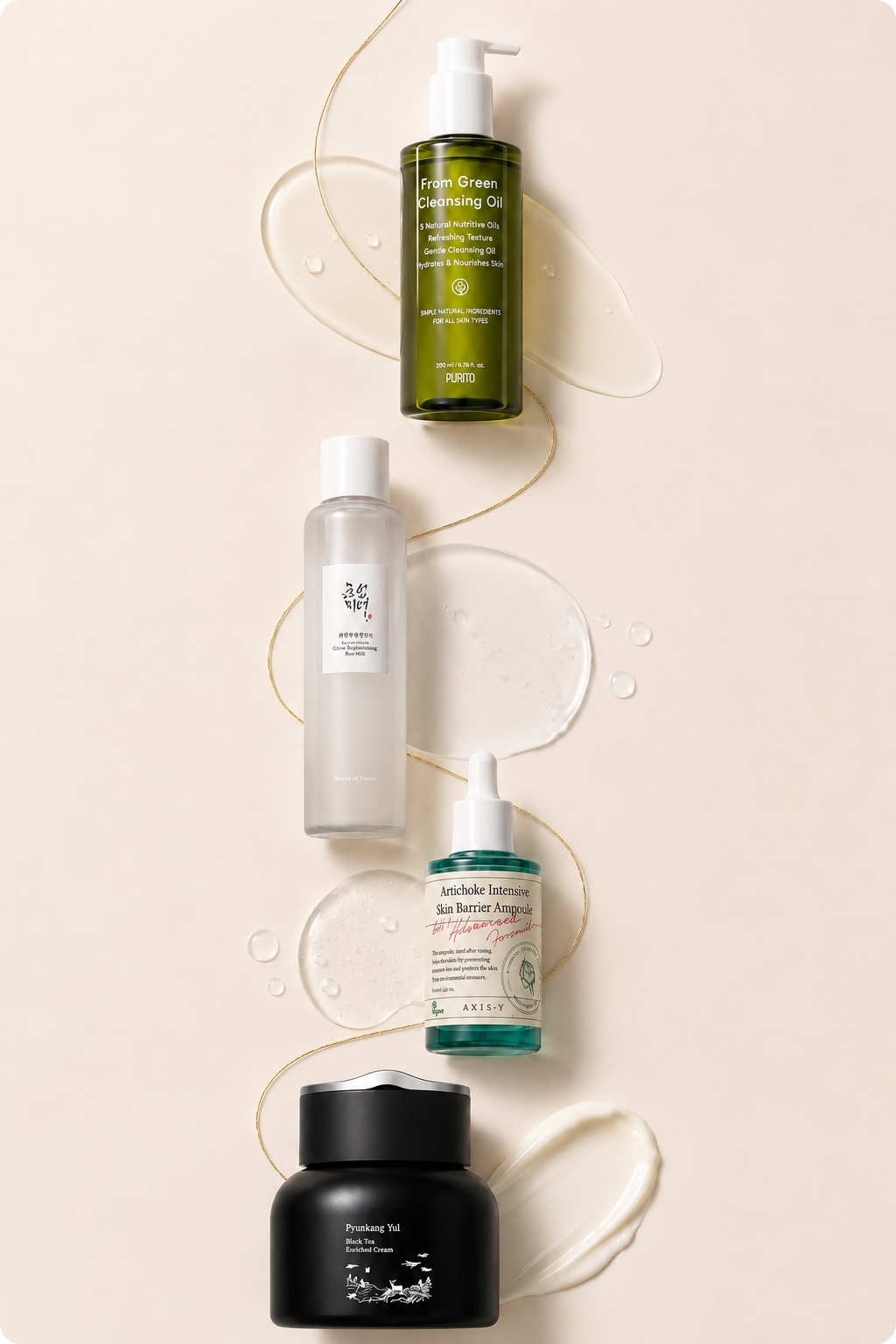 Skincare rutina krok za krokem s čisticím olejem, tonerem, ampulí a krémem
