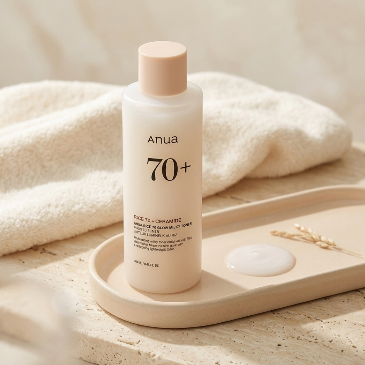 Lehký skincare moment s produkty jako doplněk k výběru rýžového kroku