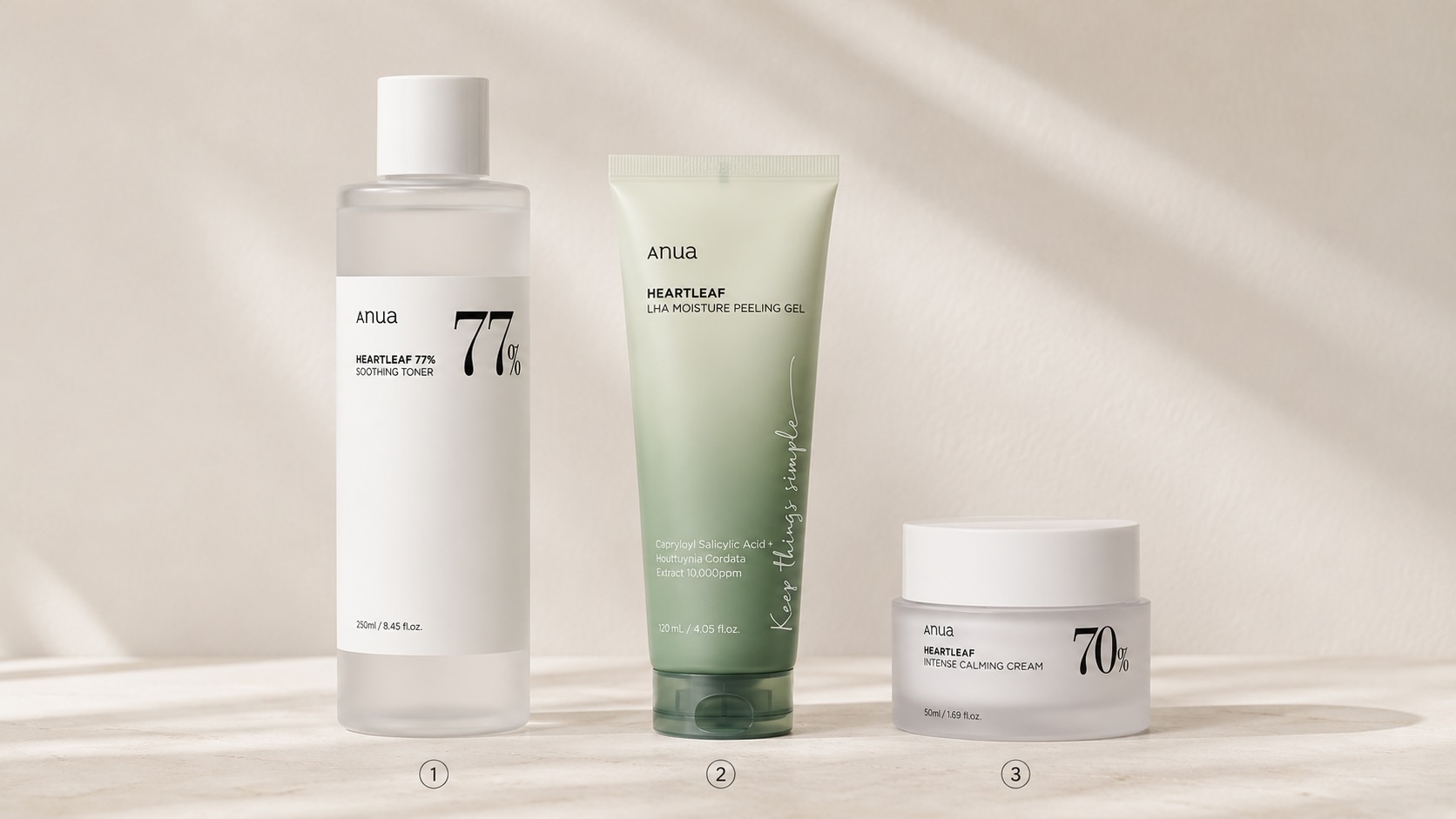 Rutina s produkty Anua Heartleaf seřazenými v pořadí použití – toner, peelingový gel a krém