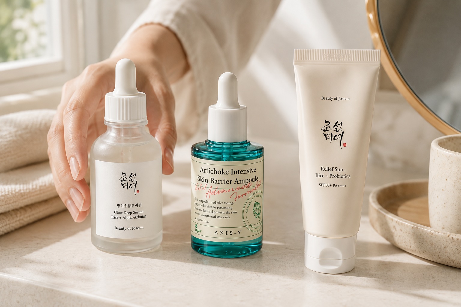 Ranní rozjasňující rutina — Beauty of Joseon a AXIS-Y produkty na koupelnovém pultu v ranním světle