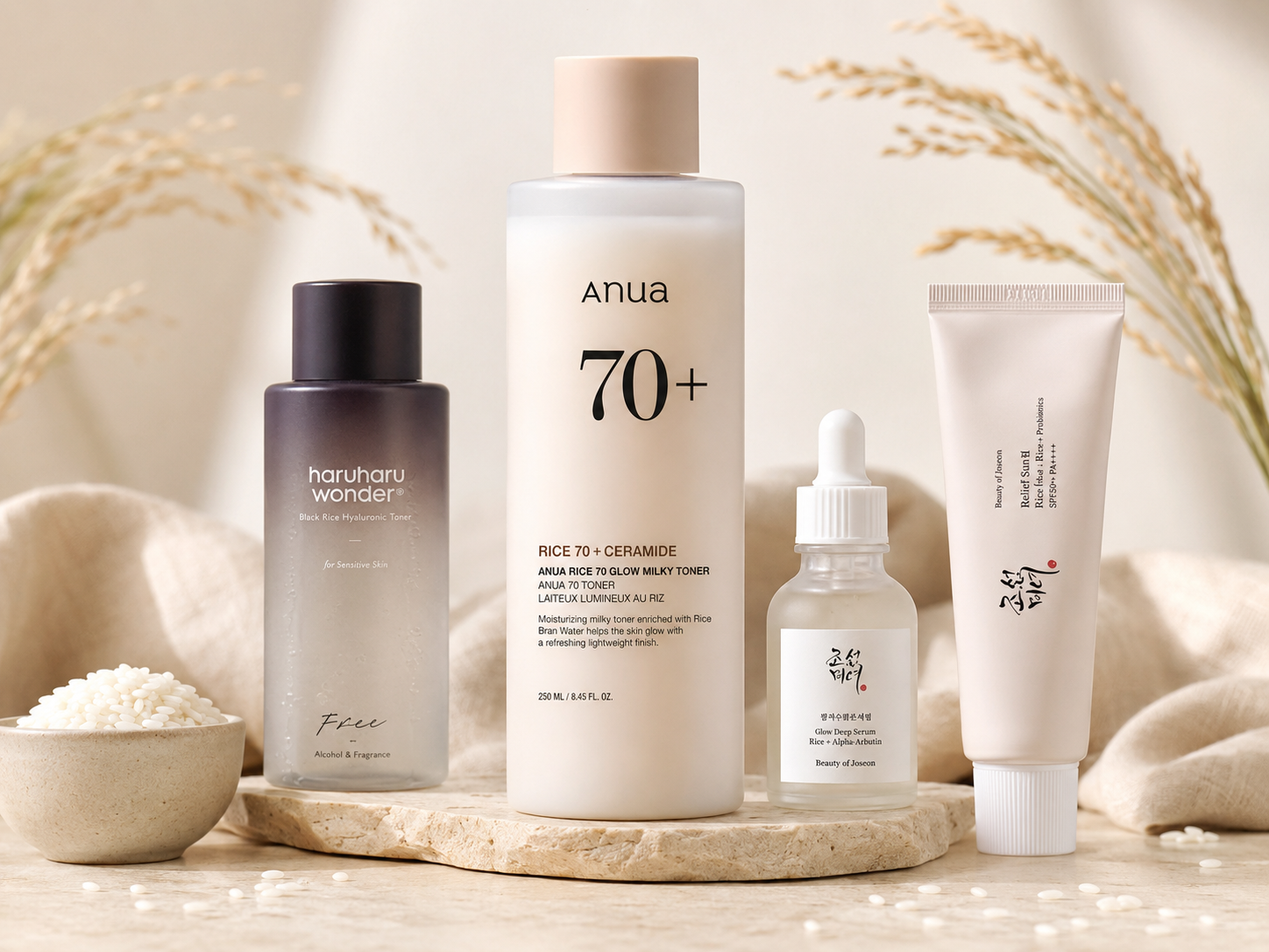 Rýžová K-beauty rutina s produktem a jemnou rýžovou kompozicí