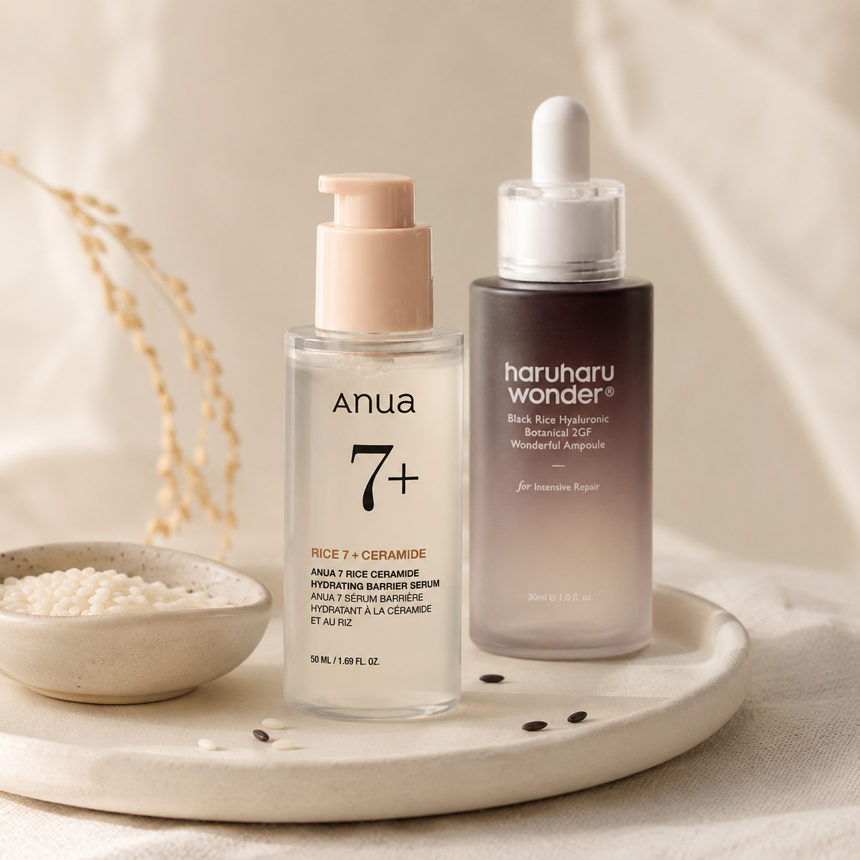 ANUA 7 Rice Ceramide Serum a Haruharu Black Rice Ampoule pro jemnější glow a dlouhodobější péči