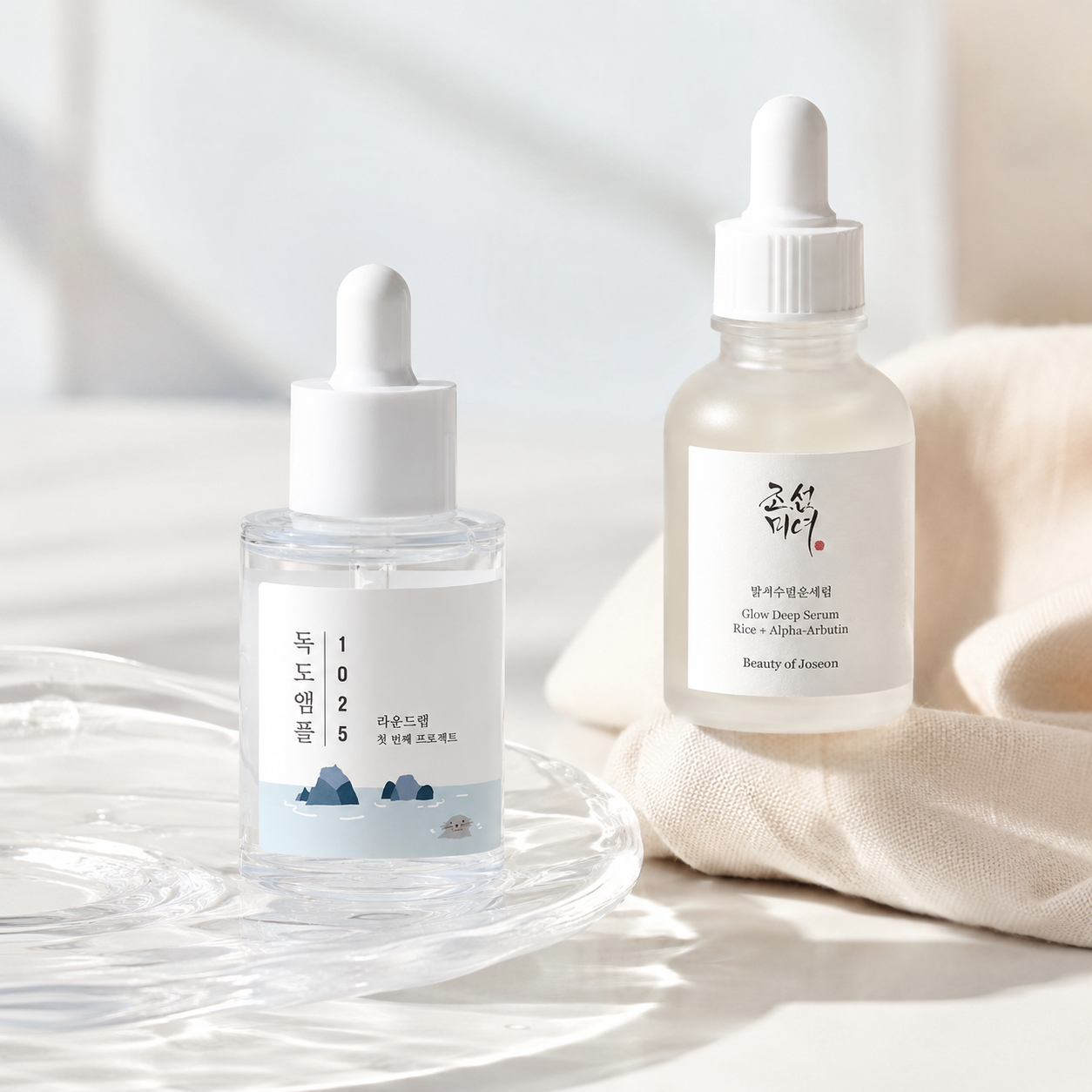 ROUND LAB Dokdo Ampoule a Beauty of Joseon Glow Deep Serum pro hydrataci a jasnější vzhled pleti