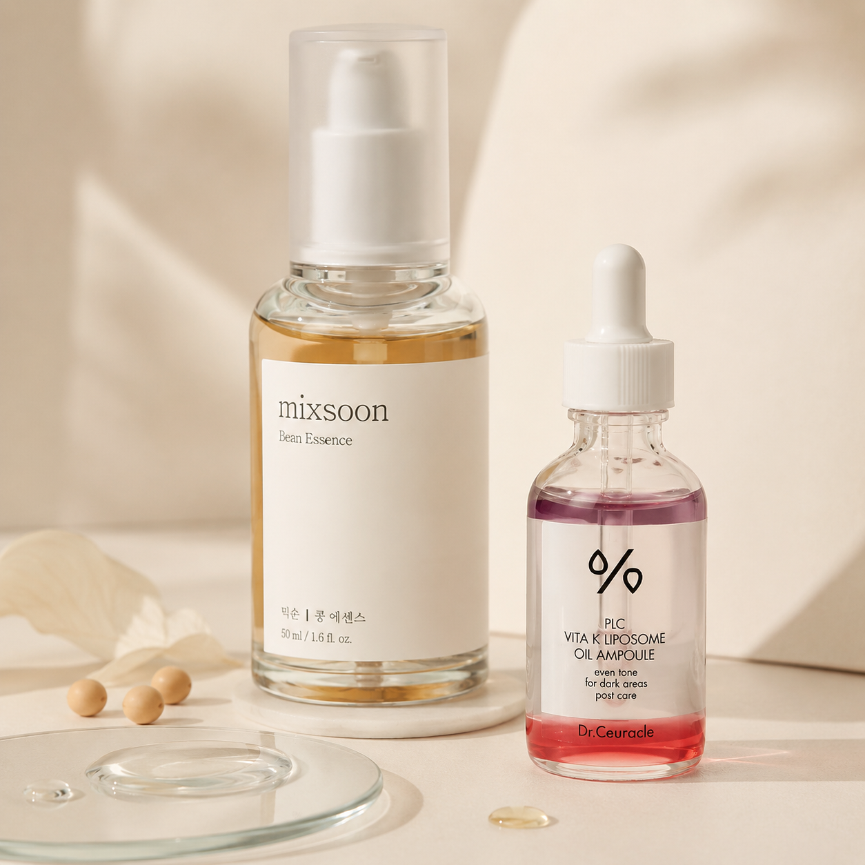 Mixsoon Bean Essence a PLC Vita Liposome Oil Ampoule jako doplňkové kroky pro texturu a výživnější komfort