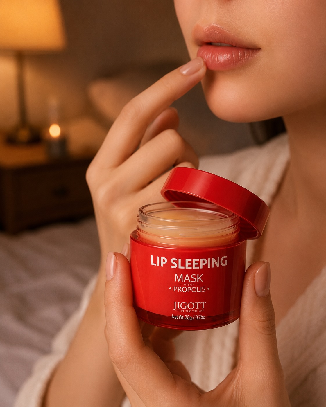 Večerní aplikace noční masky na rty Jigott Lip Sleeping Mask Propolis