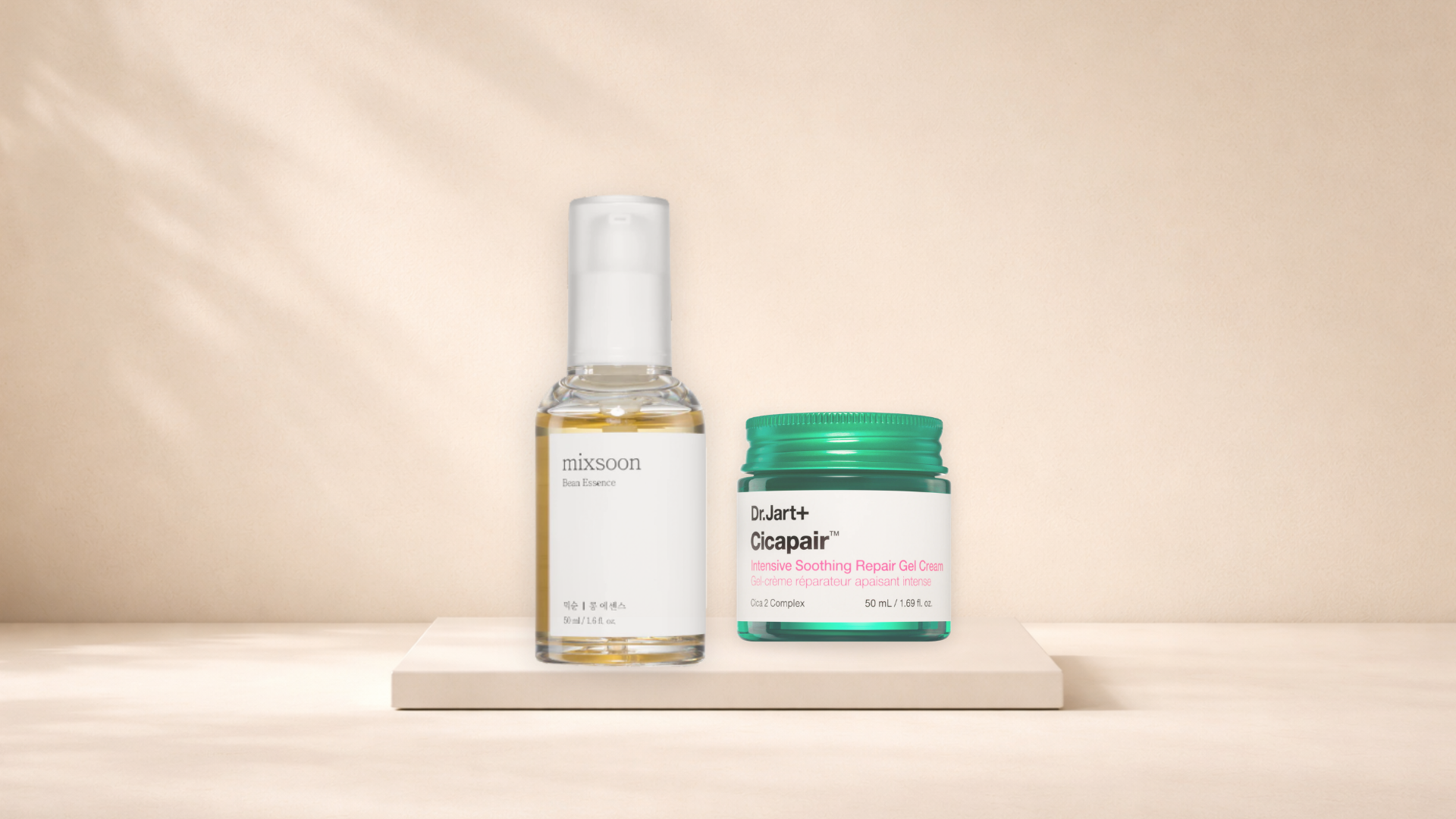 mixsoon Bean Essence a Dr.Jart+ Cicapair Gel Cream jako doporučené řešení pro pleť, která pne a reaguje