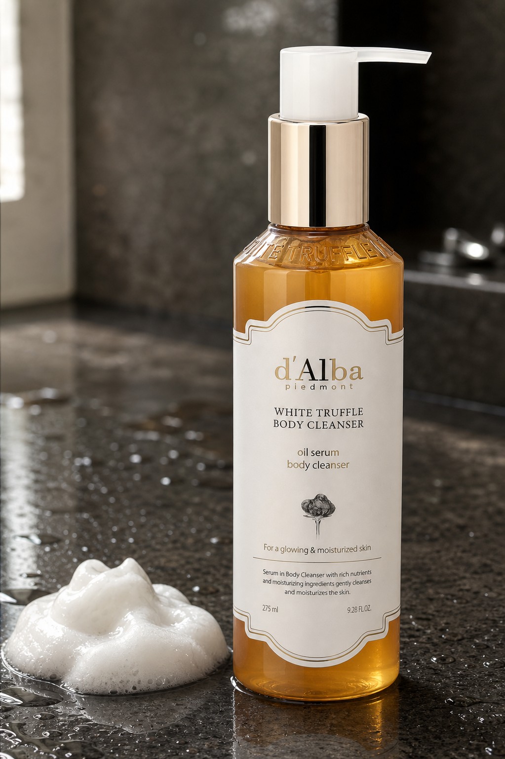 d'Alba White Truffle Oil Serum Body Cleanser – pečující mycí olej s ceramidy pro pokožku, která po sprše pne